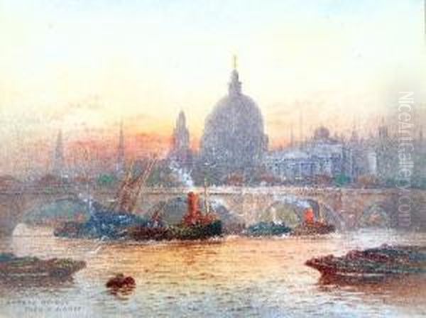 Pair,
London Bridge With St. Paul's Beyond,
And Tower Bridge,
Watercolours Heightened With White Oil Painting by Frederick E.J. Goff