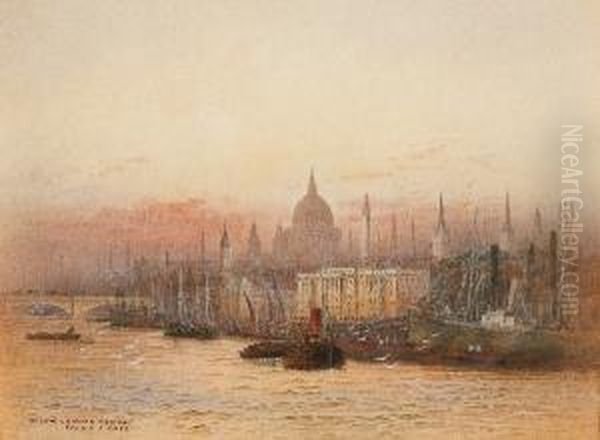 Below London Bridge; Tower Bridge, A Pair Oil Painting by Frederick E.J. Goff