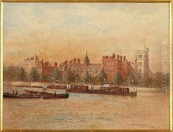 Four Views From The Thames: 
Lambeth Palace; Westminster Abbey; Tower Bridge; Lime House, Four Oil Painting by Frederick E.J. Goff