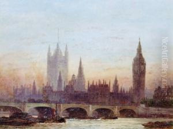 Westminster From The Thames Oil Painting by Frederick E.J. Goff