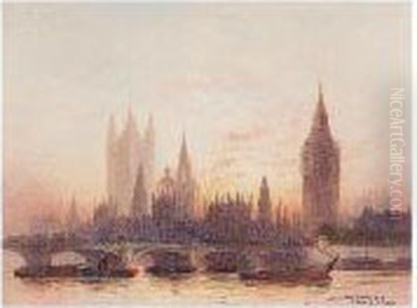 Westminster Bridge Looking 
Towards Parliament; London Bridge Looking Towards St Paul's Cathedral Oil Painting by Frederick E.J. Goff