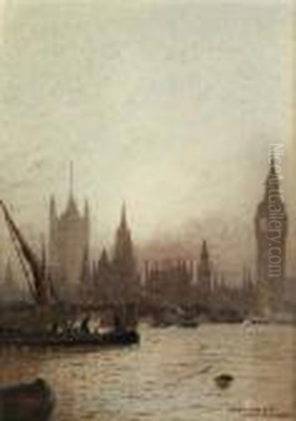 St. Paul's From Bankside; And Westminster Oil Painting by Frederick E.J. Goff