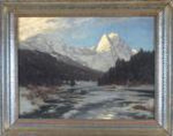 Zwei Jager Auf Dem Gefrorenen 
Riessersee Vor Dem Wettersteingebirge Mit Den Waxensteinen Im 
Morgenlicht Oil Painting by Heinrich Gogarten