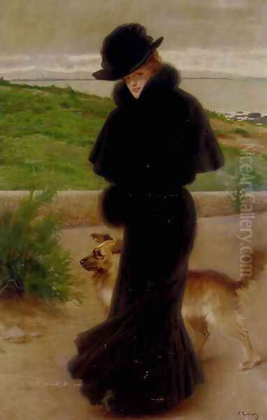 An Elegant Lady with her Faithful Companion by the Beach Oil Painting by Vittorio Matteo Corcos