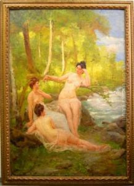 Tre Nudi Di Donne Nel Bosco Al Bordo Di Un Ruscello Oil Painting by Emilio Gola