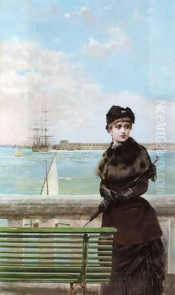 An elegant Woman at St. Malo Oil Painting by Vittorio Matteo Corcos