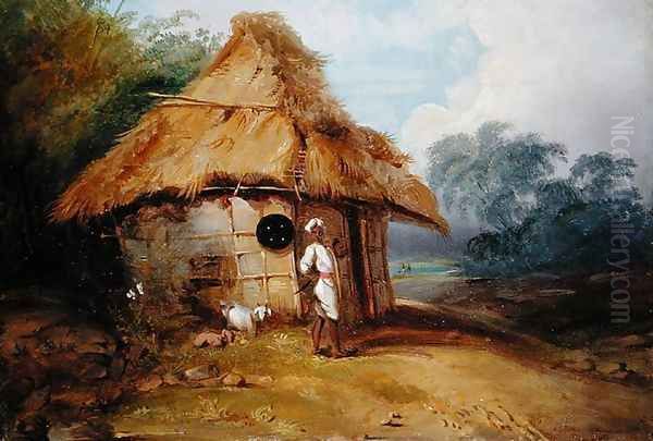 View in Southern India, with a Warrior Outside his Hut, c.1815 Oil Painting by George Chinnery