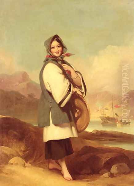 Portrait of a Eurasian girl against a Chinese River Landscape Oil Painting by George Chinnery