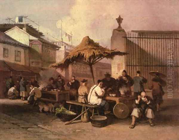 A Group of Chinese eating outside church of San Domingo Oil Painting by George Chinnery