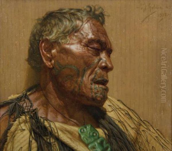 A Midsummers Day, Maoriland Pokai; Awarrior Chieftain Of The Ngatimaru Tribe Oil Painting by Charles Frederick Goldie