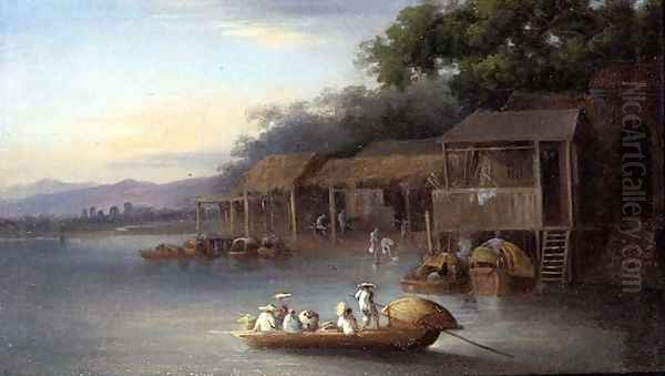 A Riverside Dwelling, Indo-China Oil Painting by George Chinnery