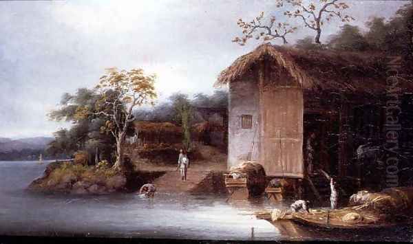 Fishermen before Riverside Houses in Indo-China Oil Painting by George Chinnery