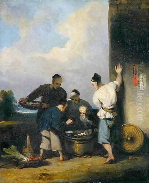 Coolies Round the Food Vendor's Stall, after 1825 Oil Painting by George Chinnery