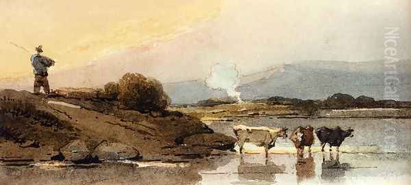 An Indian Herdsman On A Bank, Cattle Watering In A River Below Oil Painting by George Chinnery