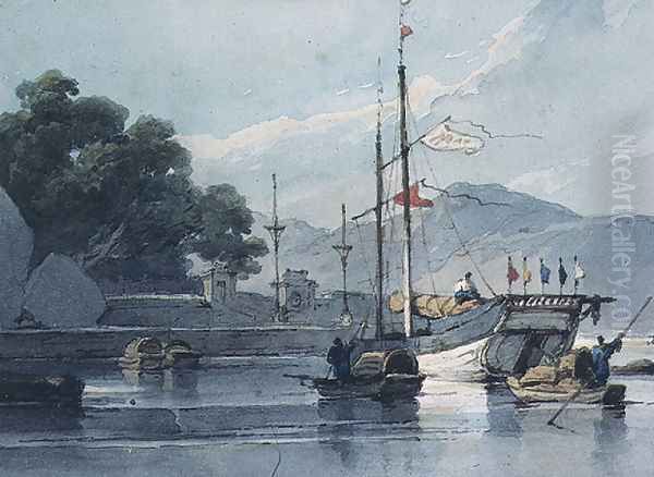 Shipping on a Chinese River Oil Painting by George Chinnery