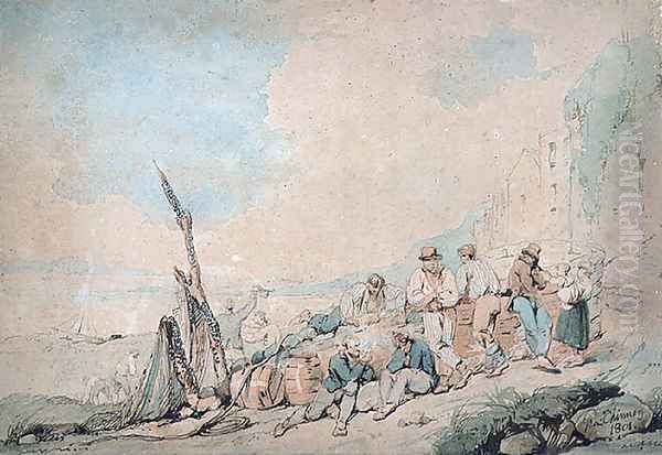 Coast Scene with Figures near a wall Oil Painting by George Chinnery