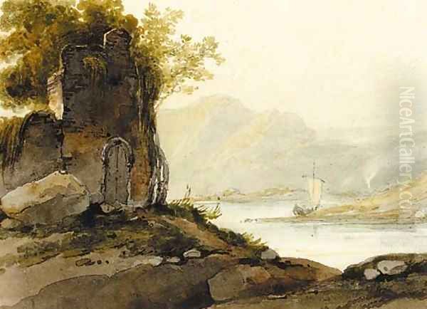 A ruin on a hillside with a view of a pulwar on a lake in the distance Oil Painting by George Chinnery