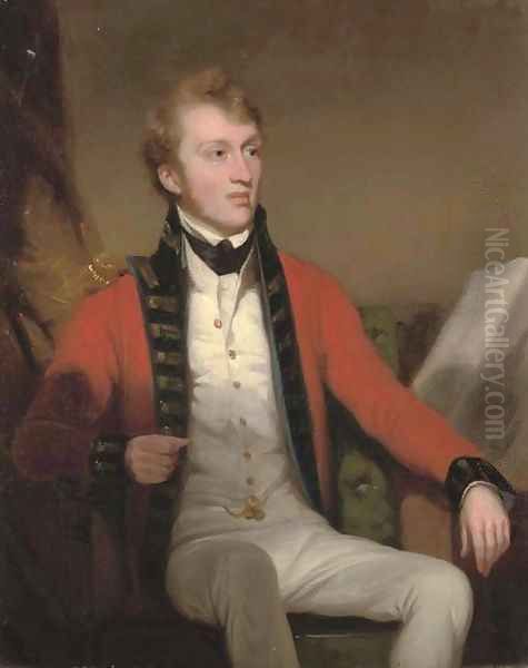 Portrait of an officer of the East India Company, small three-quarter-length, in uniform, seated Oil Painting by George Chinnery