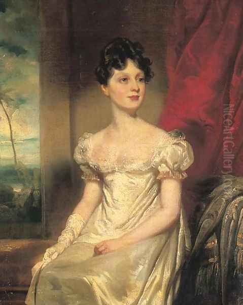 Portrait of Lady Jane Bruce, three-quarter-length, in a white dress, an Eastern landscape beyond Oil Painting by George Chinnery