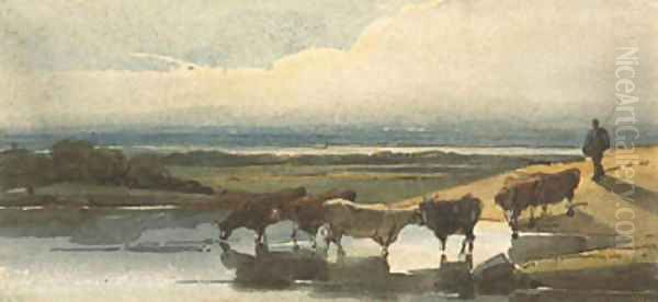 Cattle watering Oil Painting by George Chinnery