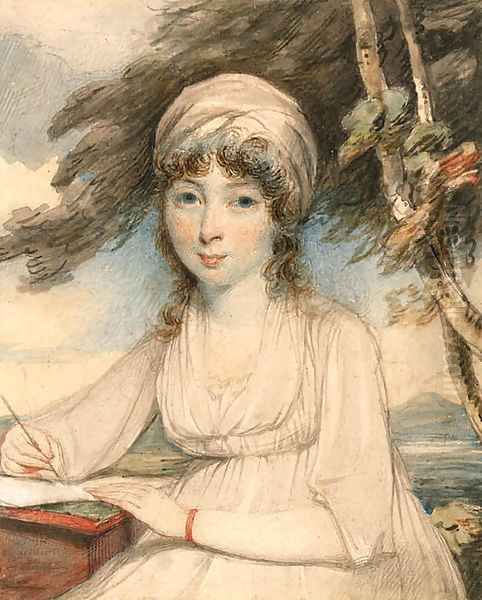 Portrait of a young lady, three-quarter-length in a white turban, wearing a white dress holding a pen in her right hand, seated in a wooded landscape Oil Painting by George Chinnery