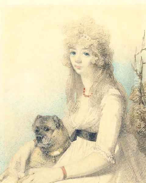 Portrait of Lady Elizabeth Stanley with her dog, half-length, seated Oil Painting by George Chinnery