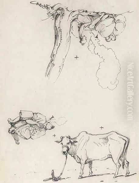 Studies of oriental figures and a cow Oil Painting by George Chinnery