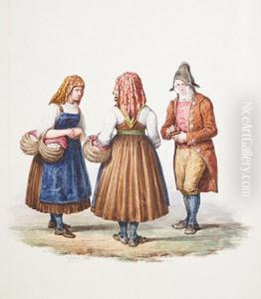 A Group Of Three Rustic Figures Oil Painting by Francesco Gonin