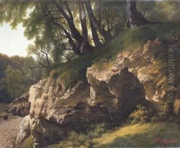 Rocky Outcrop In A Forest Oil Painting by Francesco Gonin