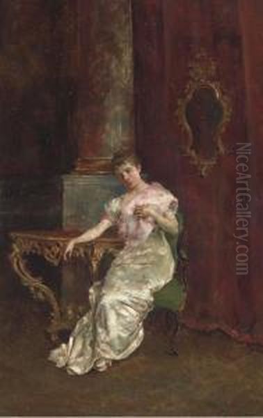 Elegant Lady In An Interior Oil Painting by Juan Antonio Gonzales