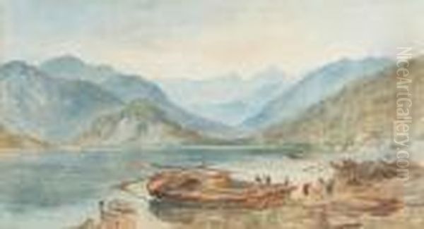 Figures And Barges At Bellingio, Lake Como Oil Painting by Edward Alfred Angelo Goodall