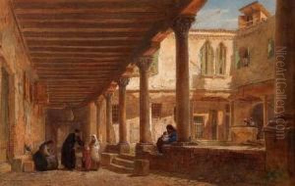 Moorish Courtyard Scene With Numerous Figures Oil Painting by Edward Alfred Angelo Goodall