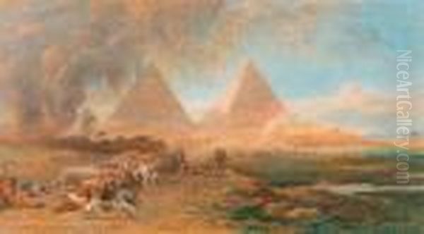 A Nomad Caravan In A Sandstorm Before The Pyramids Of Giza Oil Painting by Edward Alfred Angelo Goodall