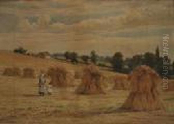 Children Walking Amongst Haystacks In A Summer Landscape Oil Painting by Edward Alfred Angelo Goodall