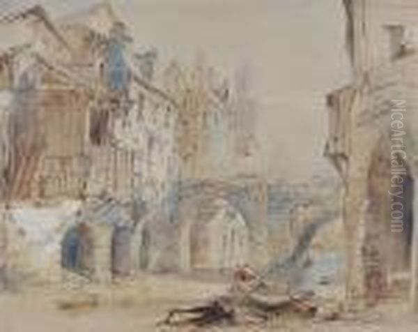 Pont De Gudet, Angers, Pencil And Wash Oil Painting by Edward Alfred Angelo Goodall