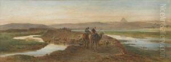 Egyptian Shepherds, The Pyramids In Thedistance Oil Painting by Edward Alfred Angelo Goodall