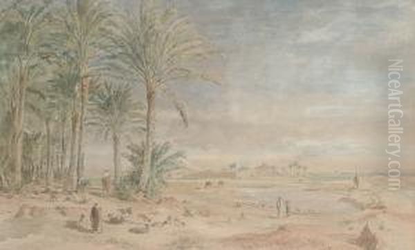 An Arab Village Near The Pyramids Of Geezeh Oil Painting by Edward Alfred Angelo Goodall