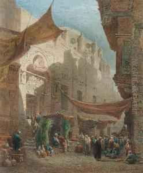 A Market Outside The Abul Dahab Mosque, Northern Cairo Oil Painting by Edward Alfred Angelo Goodall