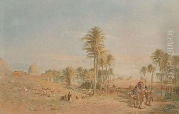 Desert Oasis With A Camel Train Oil Painting by Edward Alfred Angelo Goodall