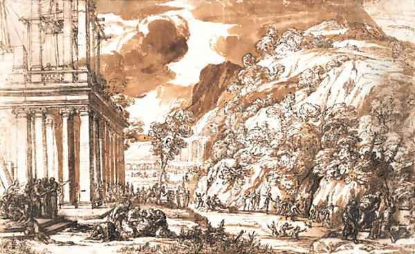 The construction of a classical temple, with groups of astrologers and architects, and a boar hunt in the foreground Oil Painting by Pietro Da Cortona (Barrettini)