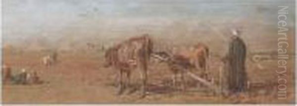 Egyptian Farmer, Pyramids In The Distance Oil Painting by Edward Alfred Angelo Goodall