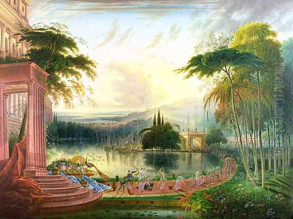 A Romantic Landscape with the Arrival of the Queen of Sheba, c.1830 Oil Painting by Samuel Colman