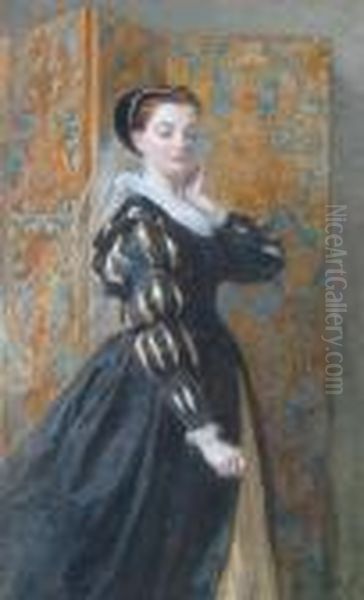 A Lady In Elizabethan Costume 
Standing Before A Screen 'walter Goodall, 1867' (lower Right) Oil Painting by Walter Goodall