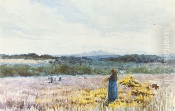 Villagers Gathering Crops, With Mountains Beyond, Capeprovince Oil Painting by Robert Gwelo Goodman