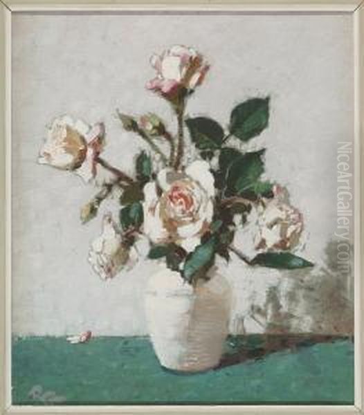 Vase Of White Roses Oil Painting by Robert Gwelo Goodman