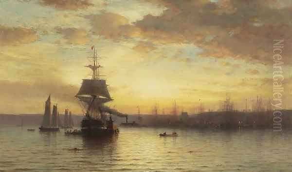 Shipping on the Hudson Oil Painting by Samuel Colman