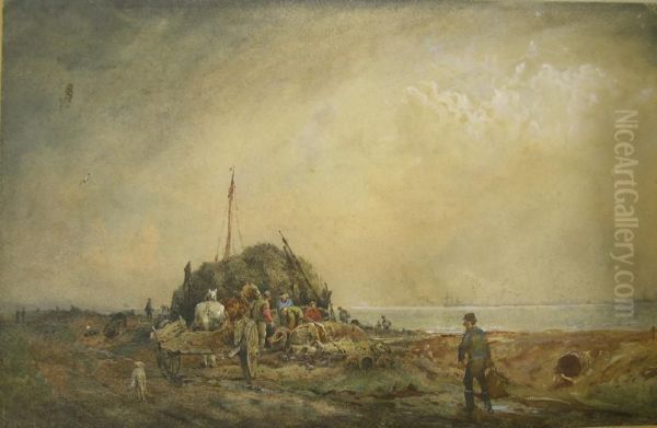 Figures And Cartbeside Seaweed Hut With View Of The Solent In The Distance Oil Painting by William Sidney Goodwin