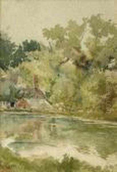 Attributed To William Sidney Goodwin A Riverside Cottage Oil Painting by William Sidney Goodwin