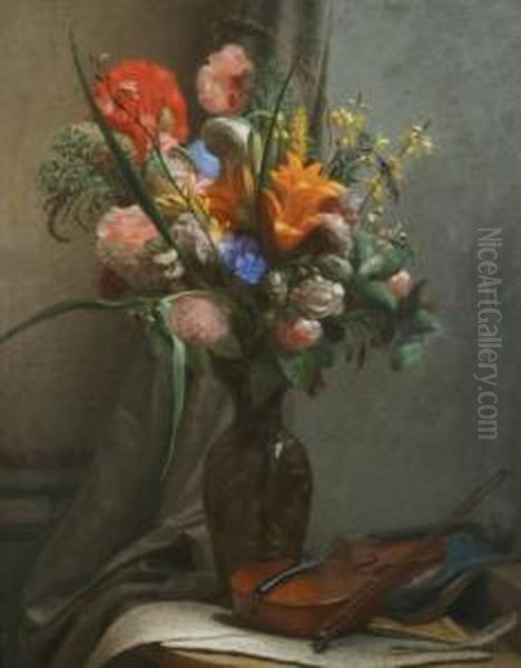 Natura Morta Con Fiori E Violino Oil Painting by Michele Gordigiani