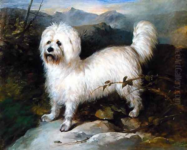 Small White Dog in a Landscape Oil Painting by Samuel Colman